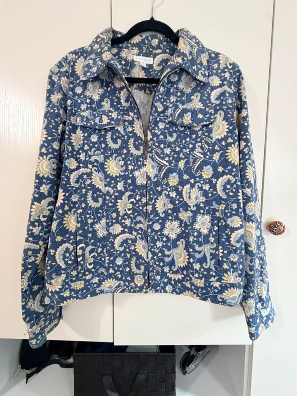Charter Club Retro Boho Paisley Floral Ribbed Denim Utility Jacket L